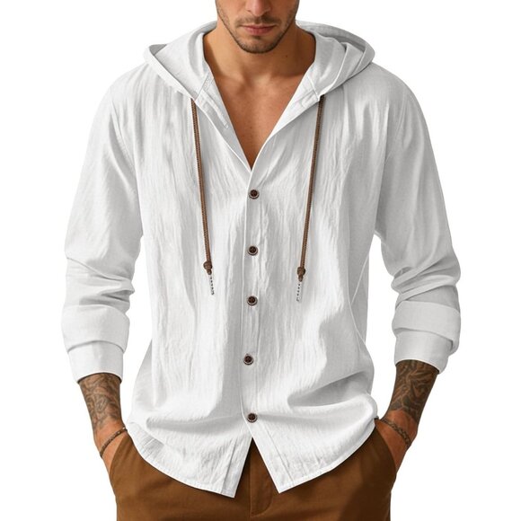 Men's White Cotton Linen Button Down Hoodies Long Sleeve Casual Hawaiian Beach